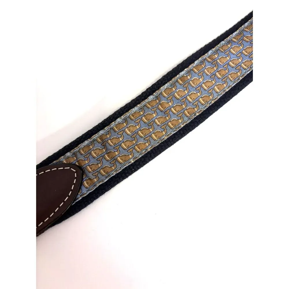 Vineyard Vines Whale Canvas Leather Belt Size 32 Navy Blue Brown Preppy